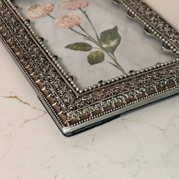 Pink Zinnia Flowers in a Vintage Azzure Home Pewter 5.5” x 3.5” Picture Frame - Picture 8 of 12